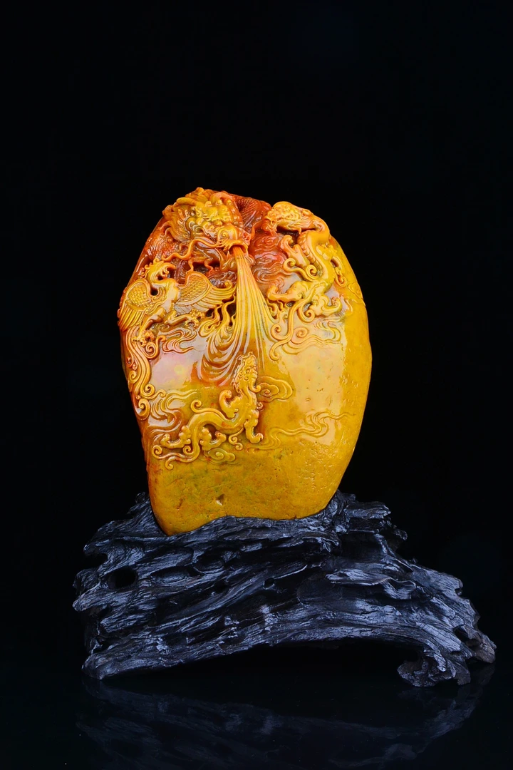 石料：老挝田黄石大摆件 题材：龙凤呈祥·望子成龙