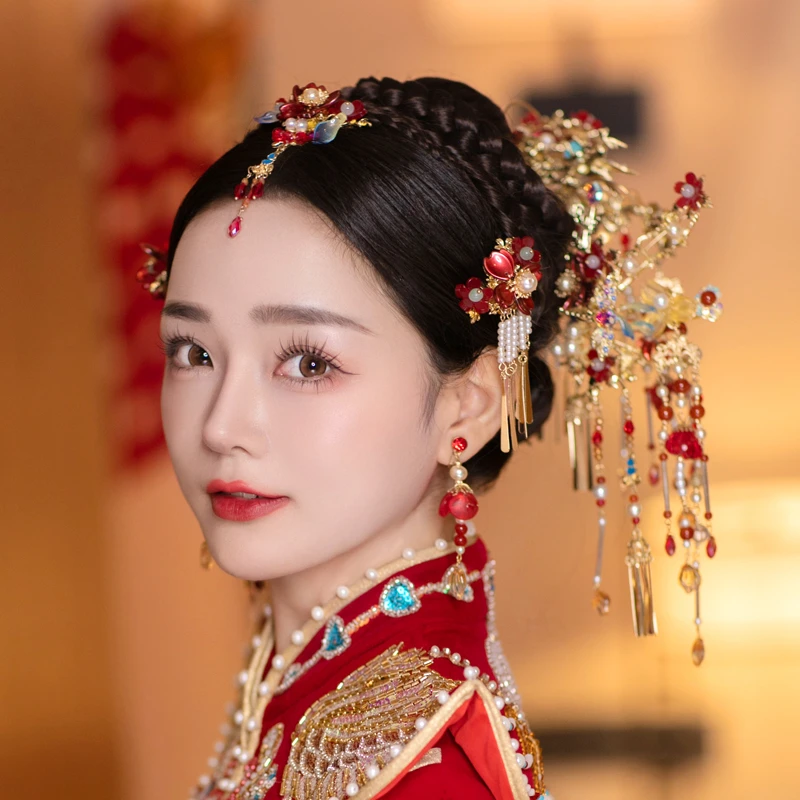 MY4012直播新娘红色圣女冠套装古风婚礼仙气新娘头饰简约新中式