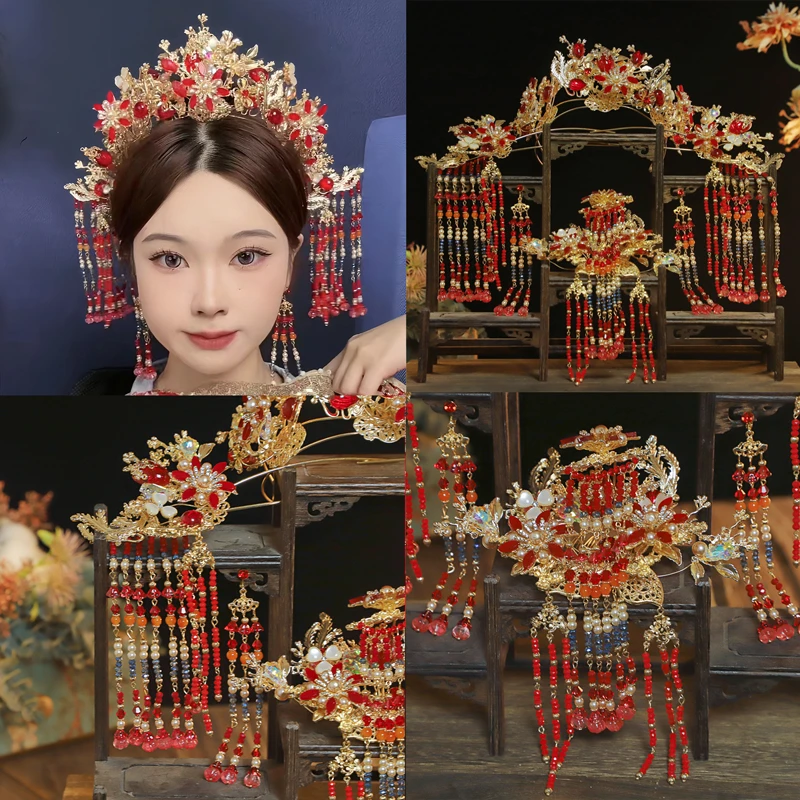 SE3002直播新娘中式秀禾头饰套装大气红色步摇古风婚礼秀禾服流苏