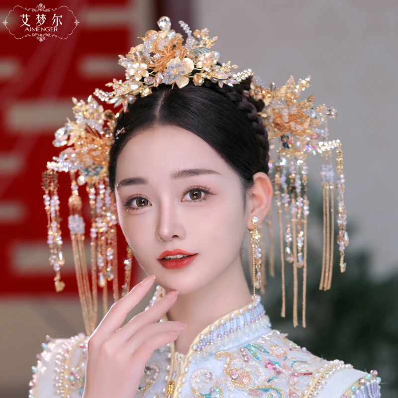 MY4019直播新娘头饰蓝色秀禾龙凤褂配饰步摇新娘妆化妆师简约跟妆