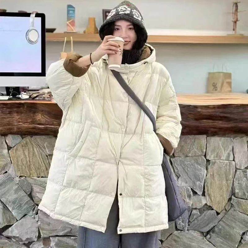 乐纳外贸冬季宽松休闲羽绒服长款连帽撞色加厚保暖羽绒外套白鸭绒