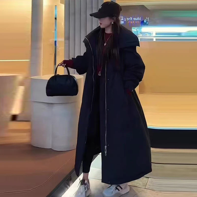 【娇娇3】女士长款羽绒服时尚保暖白鸭绒外套宽松韩版冬季连帽加厚