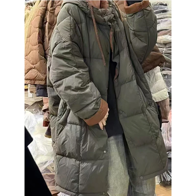 2025冬季宽松休闲羽绒服长款连帽撞色加厚保暖羽绒外套白鸭绒