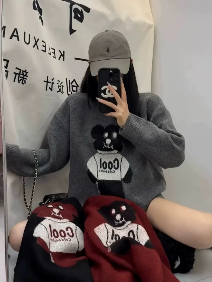 【阿芝专属】N701韩版卡通刺绣字母圆领宽松慵懒风假两件牛仔领毛衣