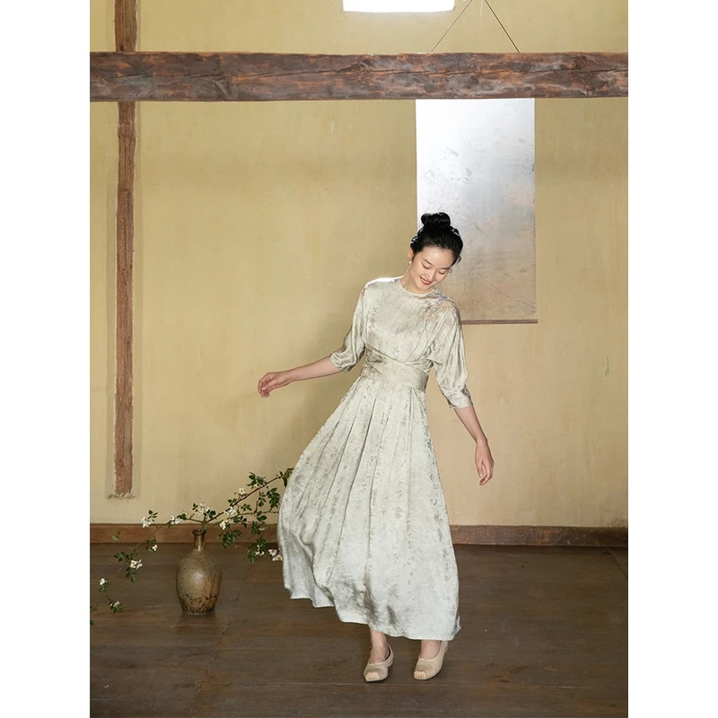 牧衣游原创 炒色真丝混纺连衣裙新款复古禅意宽松新中式长裙 栖枝