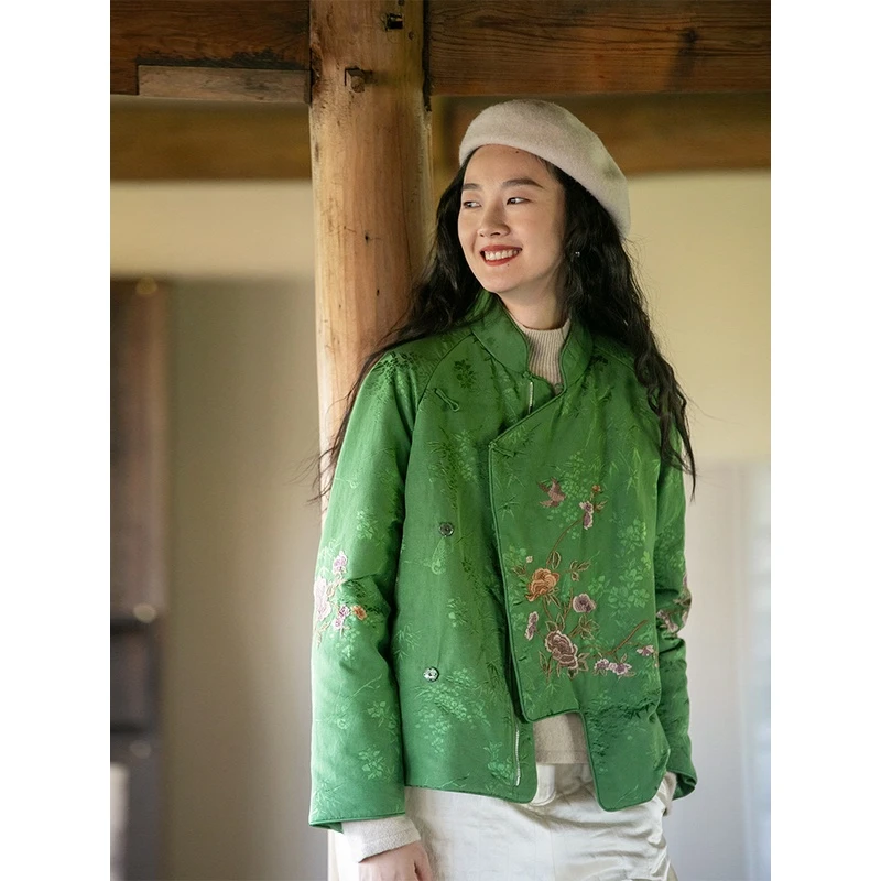 牧衣游原创 提花重工手绣短保暖羽绒服东方复古绿色外套 弄花香