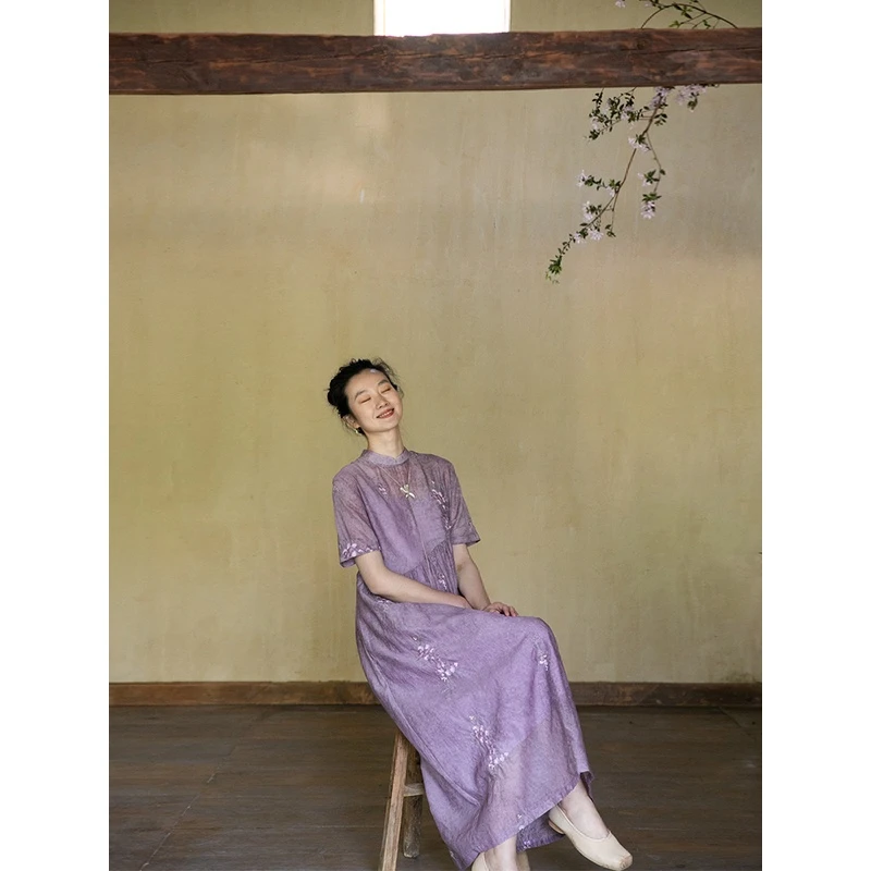 牧衣游原创 炒色丝棉匹绣连衣裙新款减龄禅意文艺气质长裙 月寻人