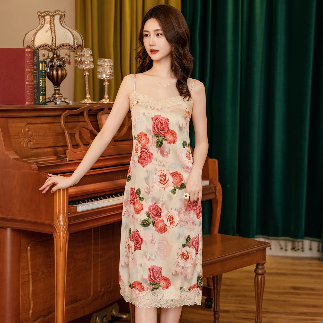 【达芬奇密码巴黎往事】复古印花碎花女士蕾丝气质性感春夏睡裙大码