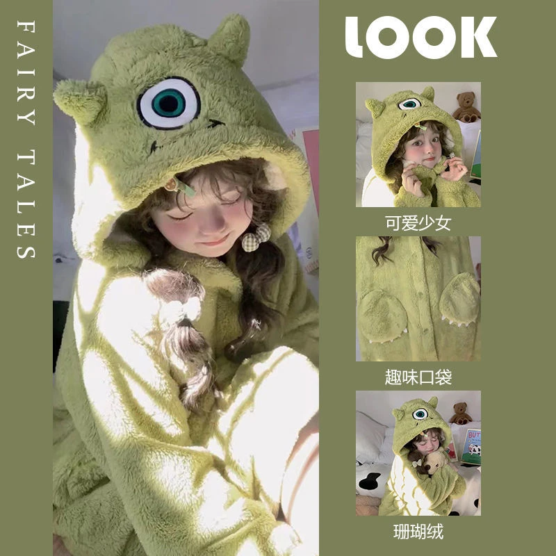 儿童睡衣秋冬珊瑚绒女孩公主女童长袖加厚浴袍宝宝长款睡袍可外穿