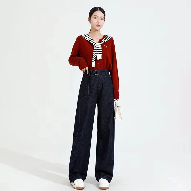 高腰显瘦深蓝加绒质感阔腿牛仔裤女秋冬季新款时尚百搭直筒裤子