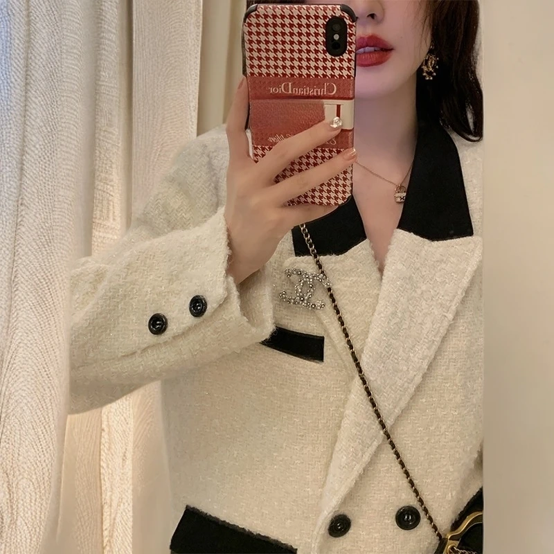 法式小香风拼色长袖外套2024秋冬新款显瘦气质时髦百搭双排扣大衣