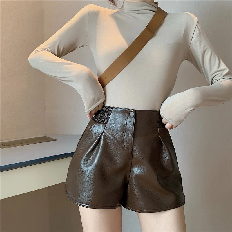 2024新款韩版时尚高腰皮短裤女秋冬外穿显瘦阔腿百搭黑色打底靴裤