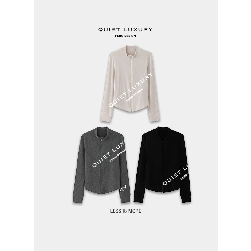 LF【小蛮腰】立领百搭高级长袖秋冬半高领羊毛拉链开衫立裁鱼骨外套