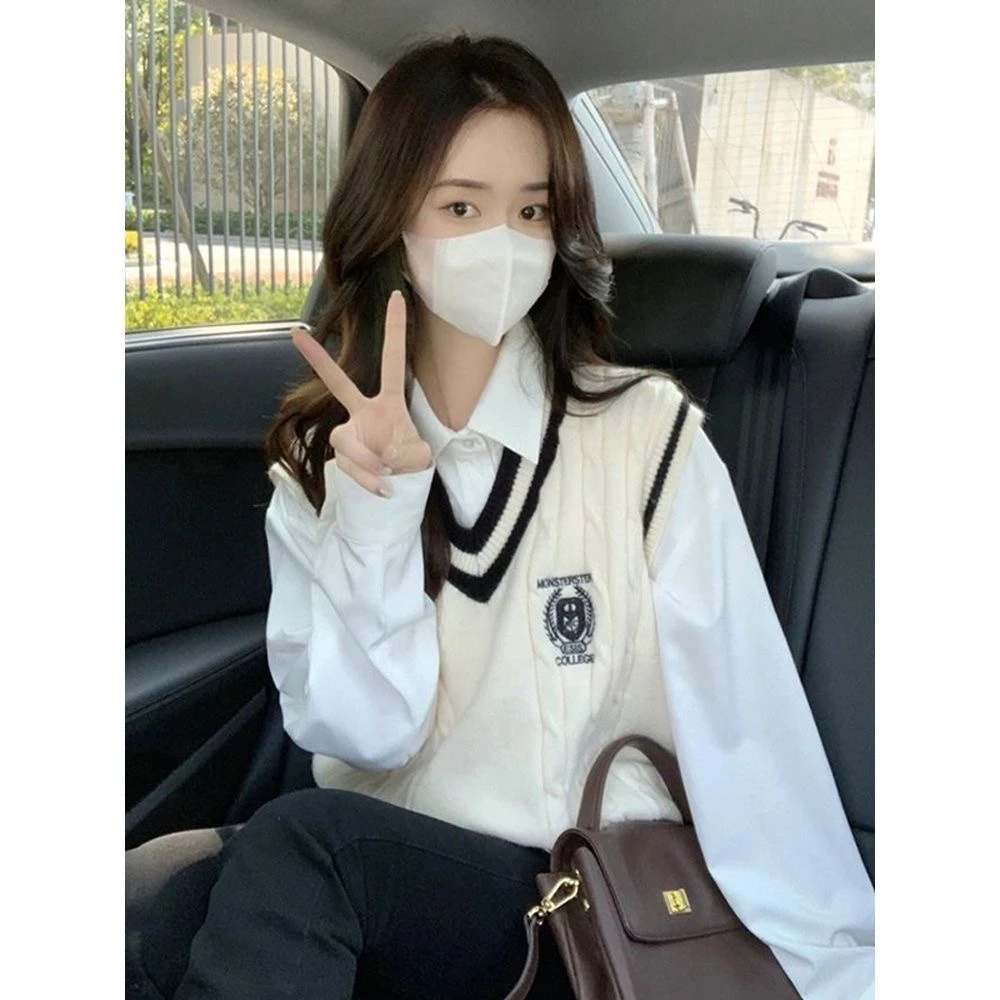 春秋季内搭学院风衬衫针织马甲背心套装学生叠穿两件套穿搭女毛衣