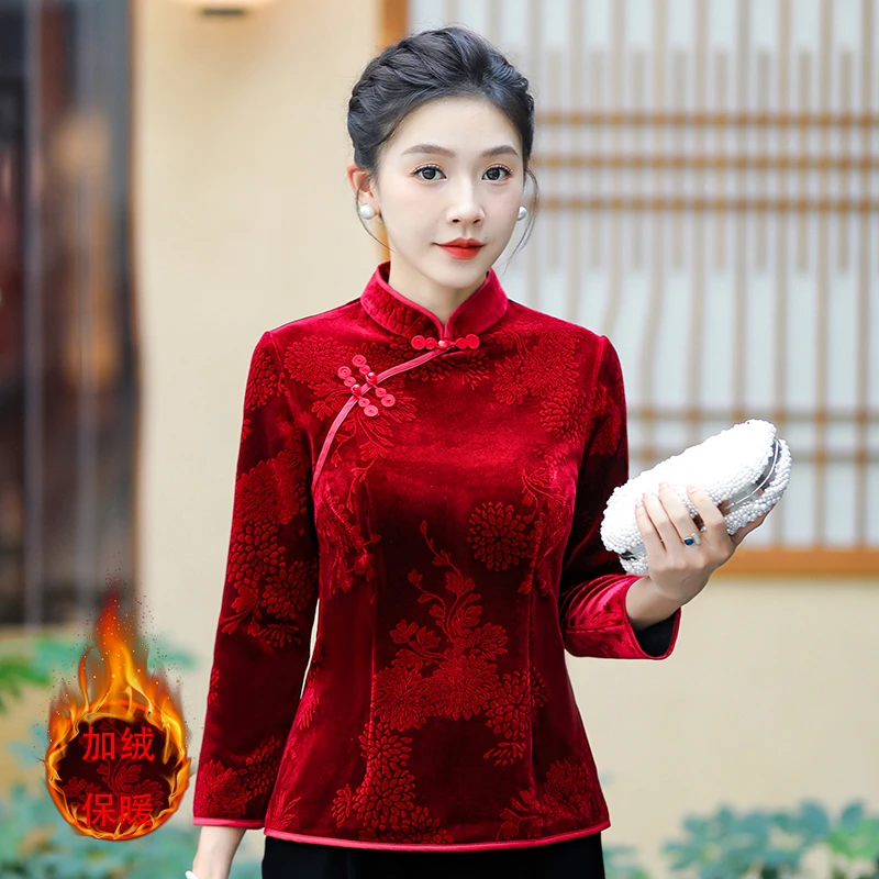 妈妈装冬款加绒加厚保暖长袖显瘦中国风气质复古秋冬