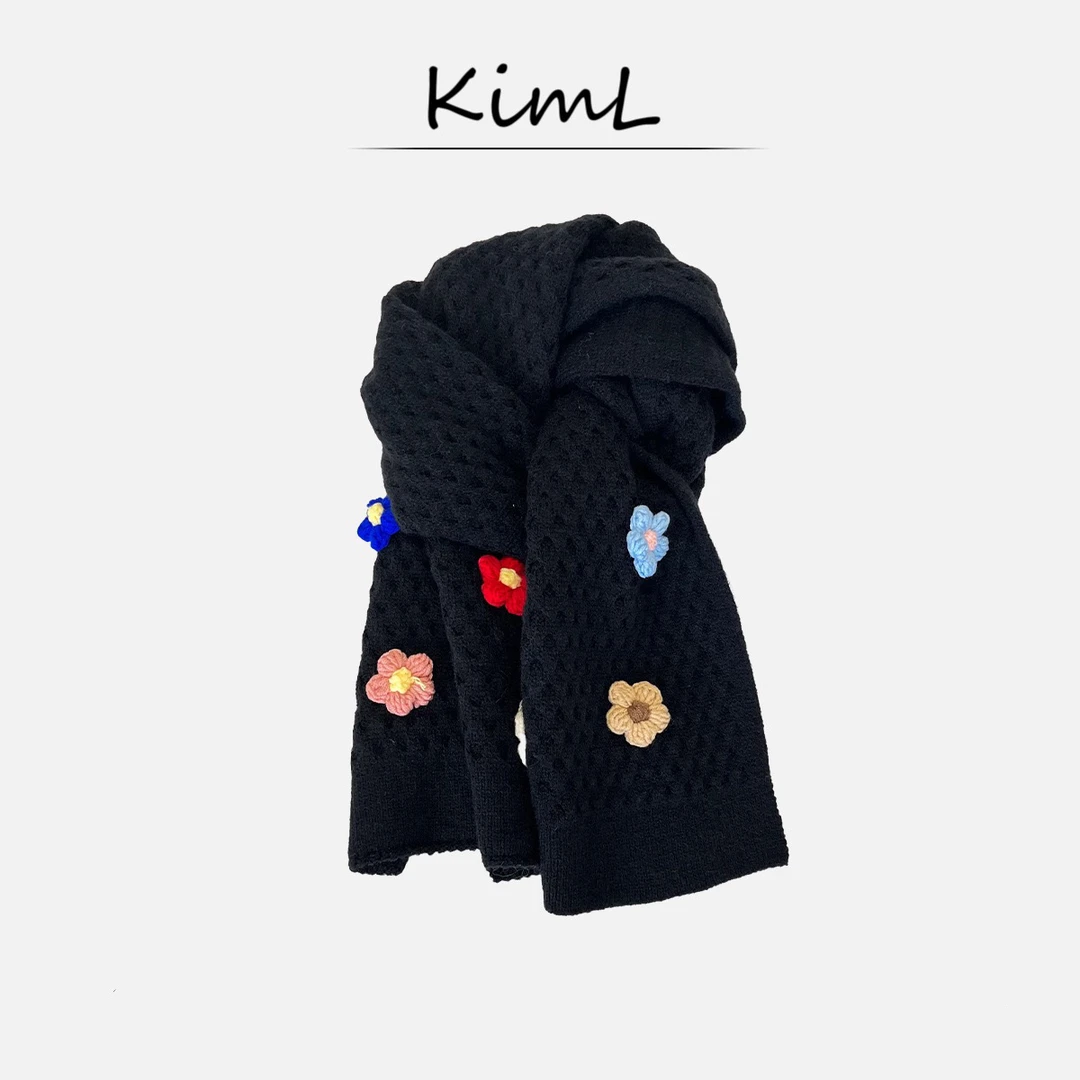 【KimL】十二浔 立体糖果色小花黑色经典针织围巾秋冬季韩版百搭