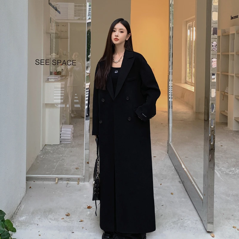 双面毛呢外套女宽松超好看长款赫本风黑色高级感冬季羊绒呢子大衣