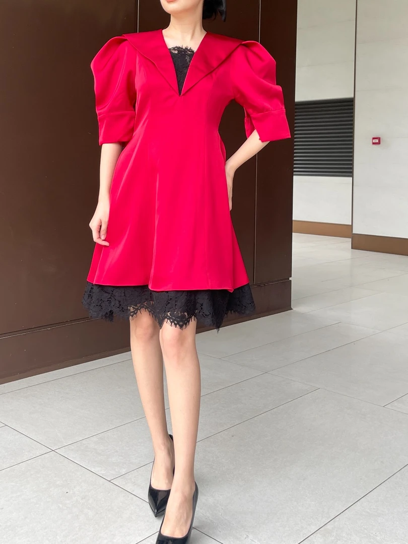 <Amara>高定版夏季泡泡袖红色轻奢收腰气质宴会小礼服连衣裙