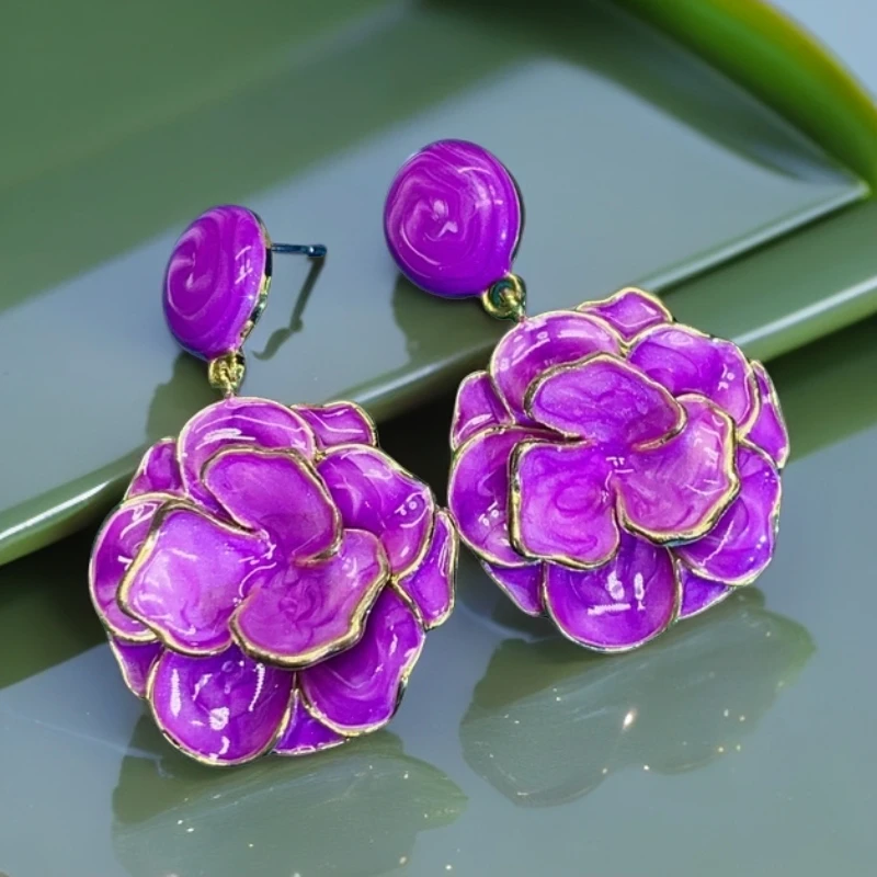 合金耳饰 1088迷雾玫瑰精致法式复古滴釉紫色花朵耳环耳钉超仙亮