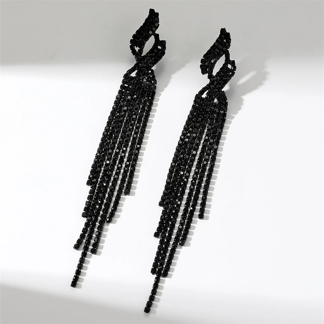 铜合金耳饰 1039欧美奢华高档黑色满钻长款流苏耳环夸张耳钉耳饰