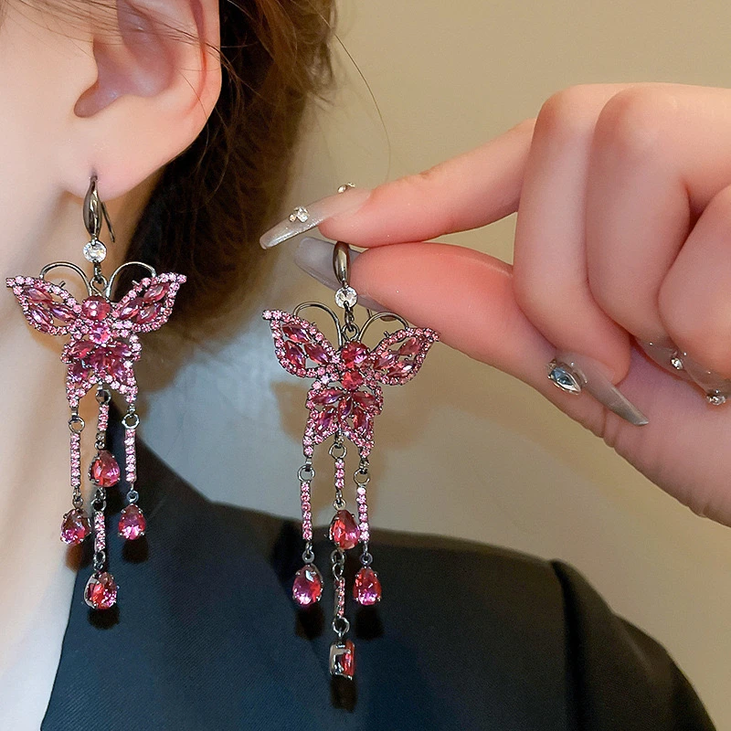 铜合金耳饰 1115银耳钩925蝴蝶流苏耳饰真金电镀耳坠气质个性满钻