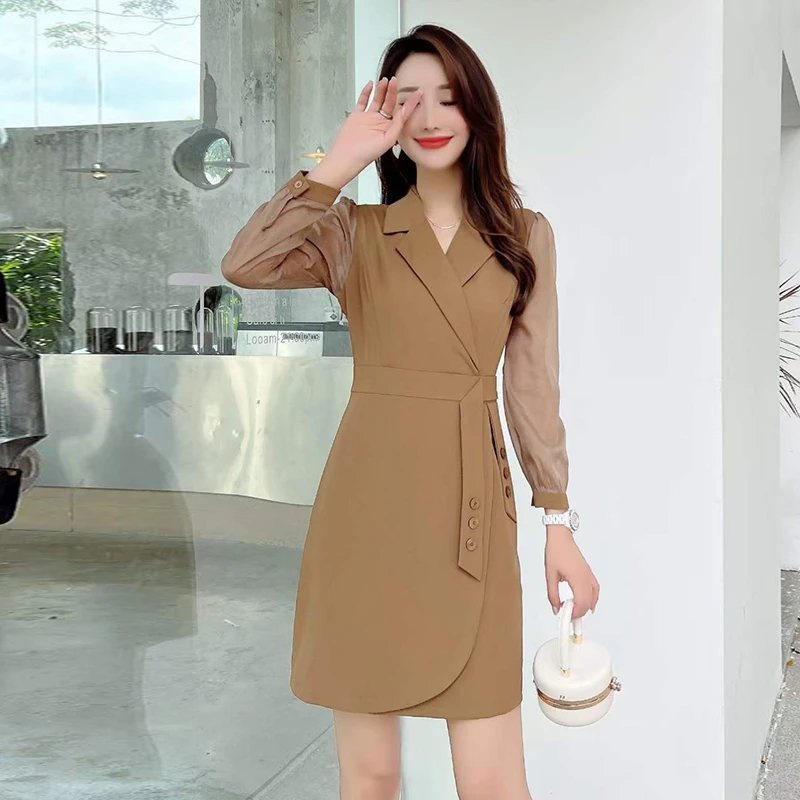 2024秋季新款显瘦长袖西装中长款收腰A字女士连衣裙气质法式时尚