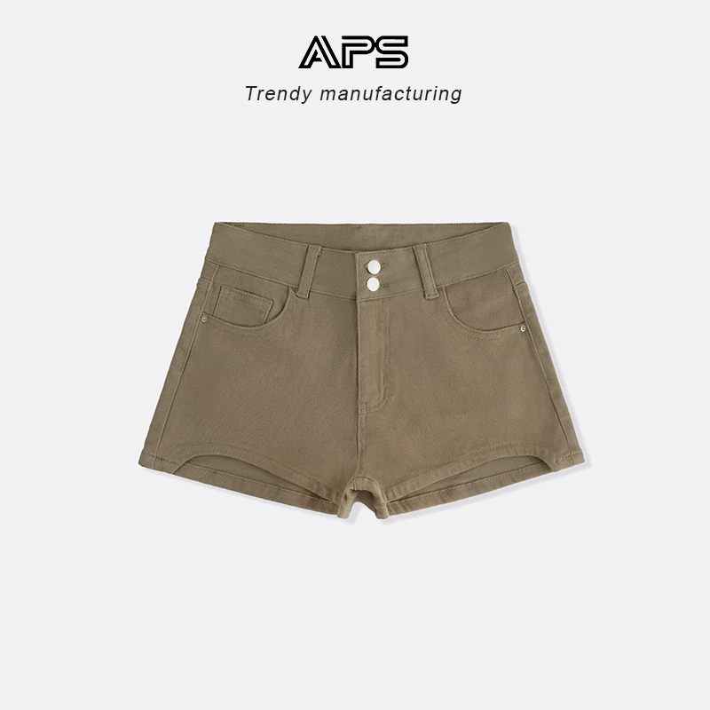 APS包臀A字弹力牛仔短裤2025夏季美式复古高腰双扣不规则辣妹热裤