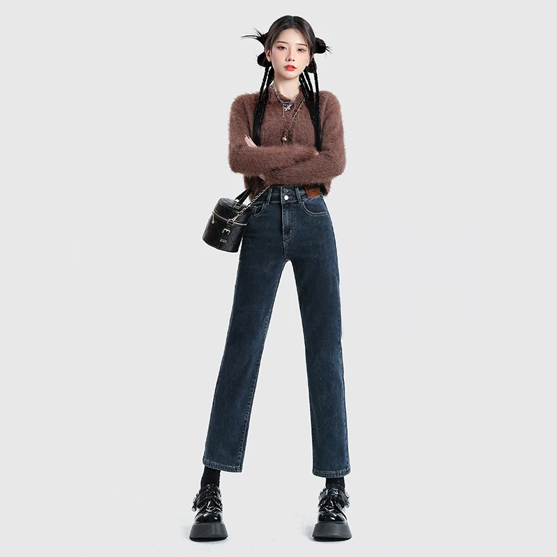 APS秋季新款高腰小个子直筒显瘦烟管牛仔裤女