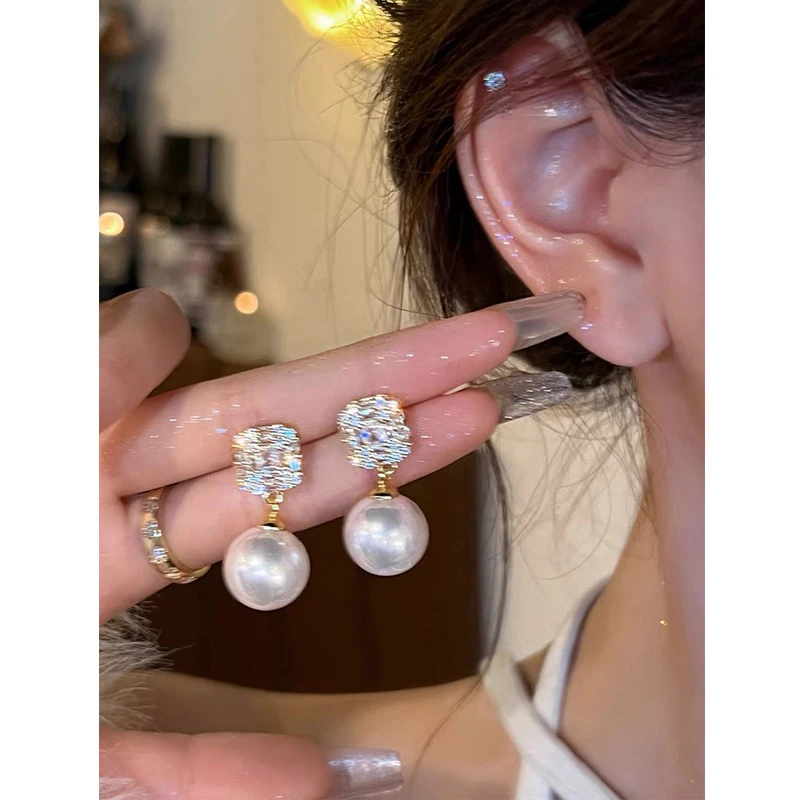 合金仿珍珠耳饰 法式复古微镶锆石几何ins耳环女气质时尚耳扣百搭