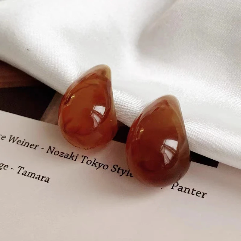 s925银针琥珀色水滴耳环女复古亚克力树脂耳钉饰品小众设计感配饰