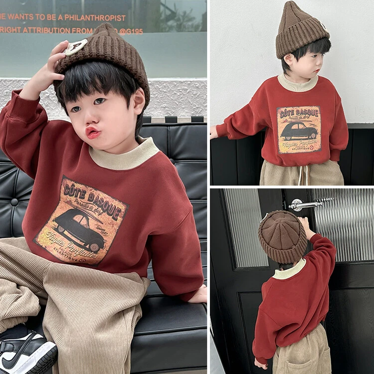 儿童春秋新款卫衣男女童洋气美拉德复古卡通烫花卡通酷帅长袖卫衣