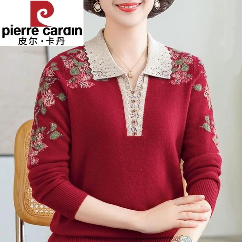 皮尔卡丹洋气翻领绣花毛衣2025新款中年妈妈装打底衫中老年女装针