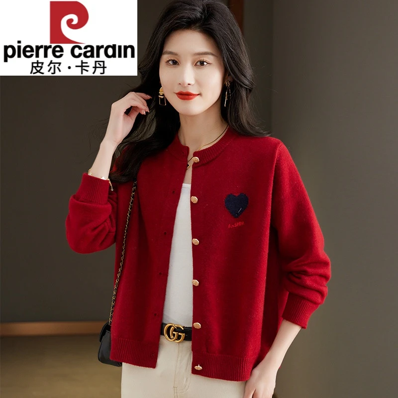 皮尔卡丹今年流行小香风毛衣外套女2025秋季女装外搭红色毛针织开