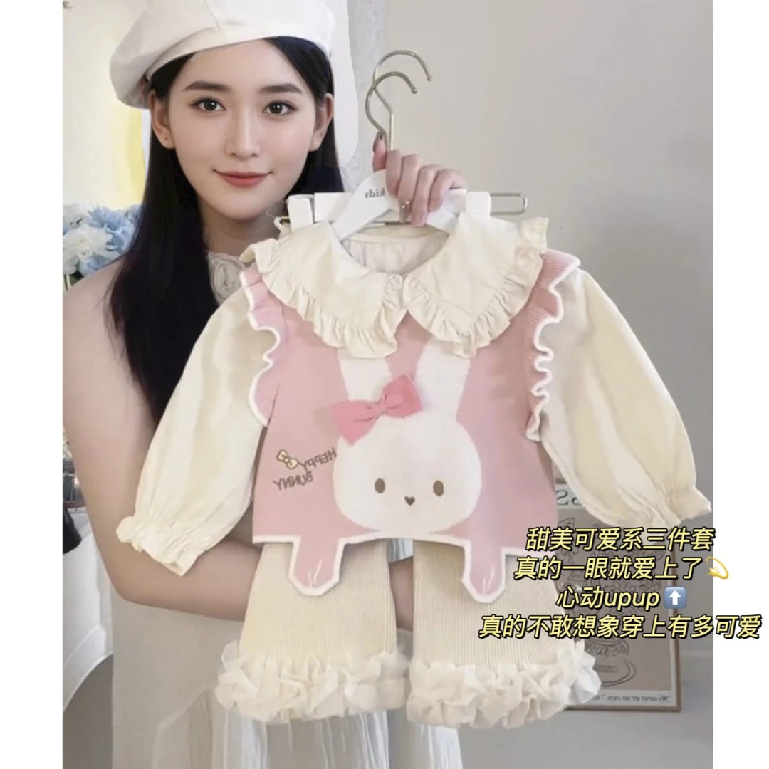 女童套装2025秋季新款时髦洋气甜美卡通娃娃领宝宝裙子马甲三件套