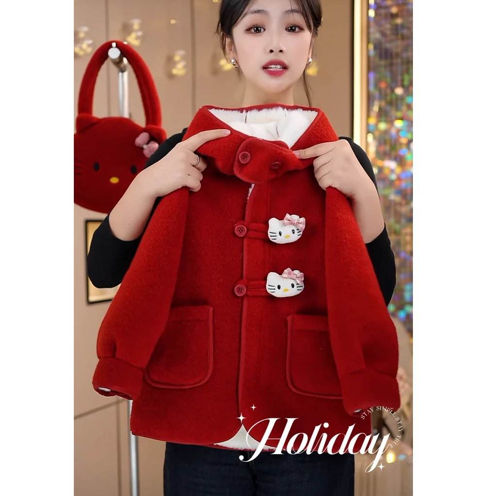 女童加绒外套冬装2024新款宝宝洋气加厚连帽中长款呢子大衣新年服