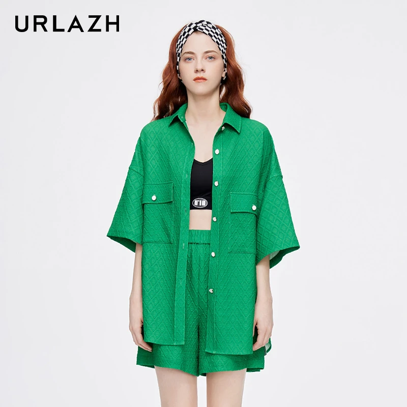 URLAZH有兰洋气正绿提花休闲上衣宽松短袖衬衫WM2BL01