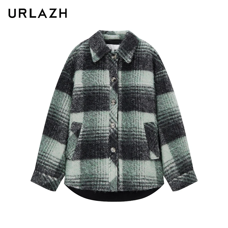 URLAZH有兰复古格纹宽松短款毛呢外套大衣JL1CT02