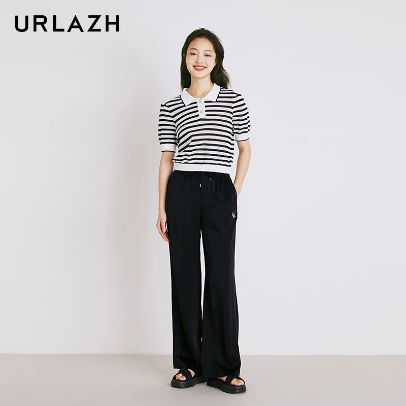URLAZH有兰黑色宽松直筒松紧腰梨形轻薄休闲裤IM2PA29