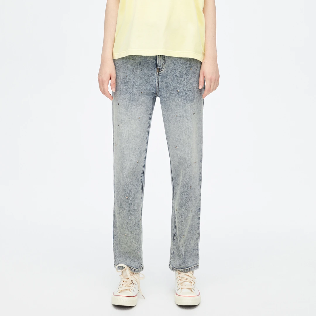 URLAZH 复古百搭烫钻显瘦直筒牛仔裤女JM4DP03