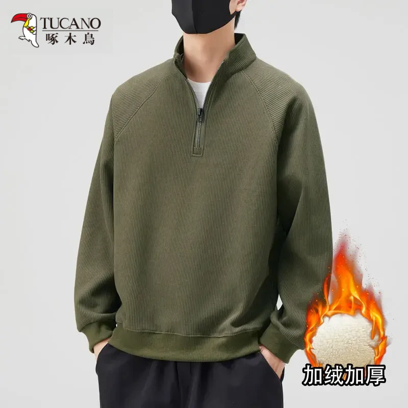啄木鸟半拉链卫衣男款春秋季宽松套头立领打底衫秋冬加厚毛衣T恤