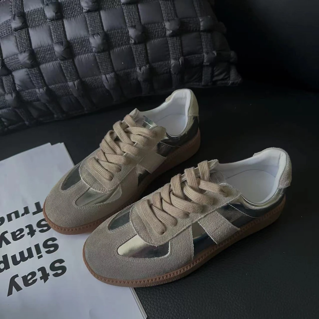 定制头层牛皮复古银色德训鞋女鞋真皮复古做旧休闲鞋百搭57129