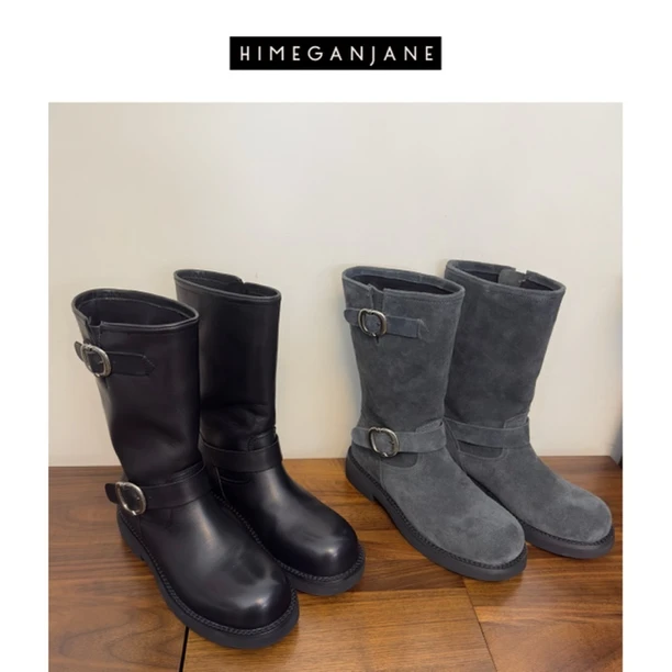 秋冬鞋款骑士靴女真皮长靴子英伦风马丁靴粗跟复古高筒靴百搭8002