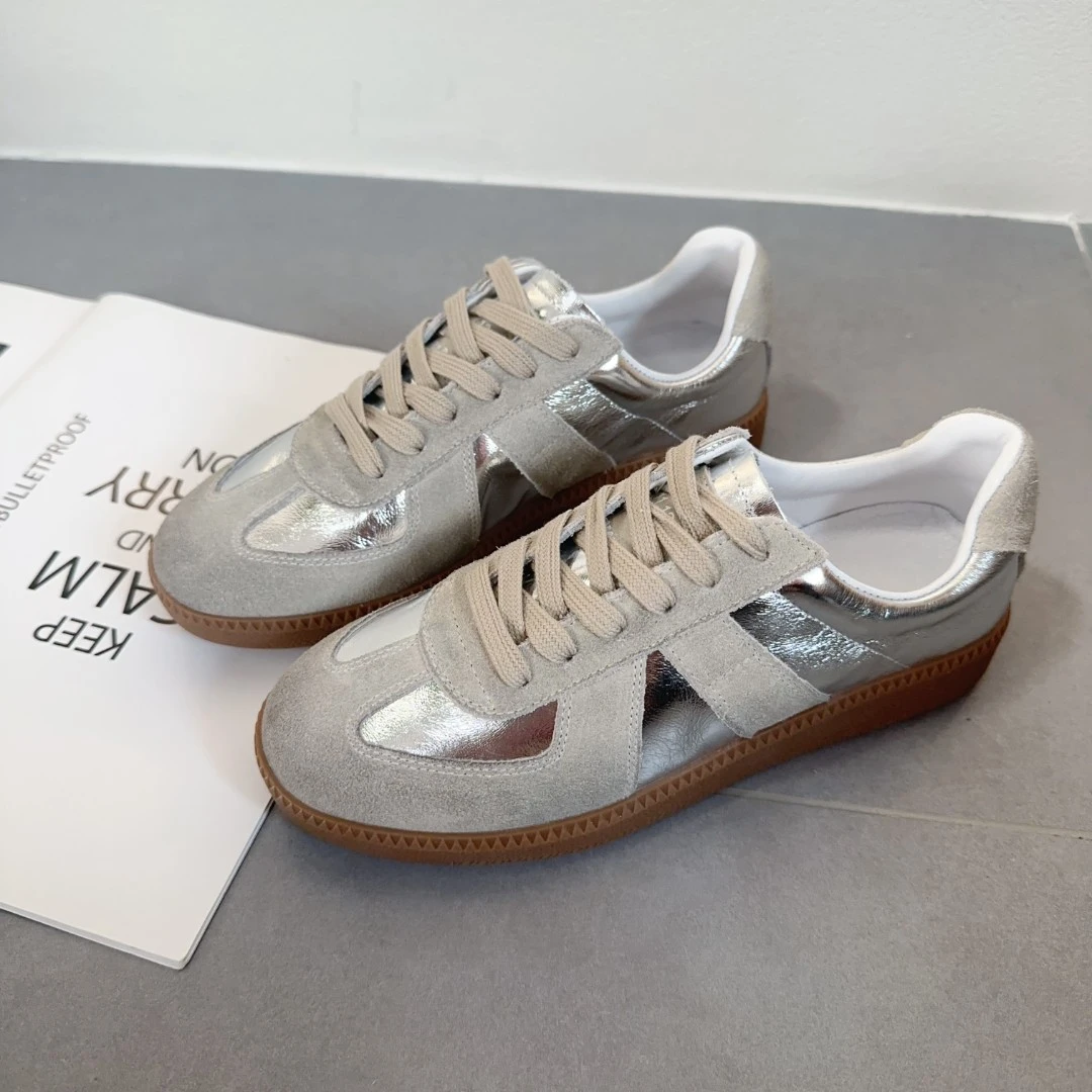 银色德训鞋真皮休闲鞋韩版百搭平底夏季德训女鞋系带女款57129