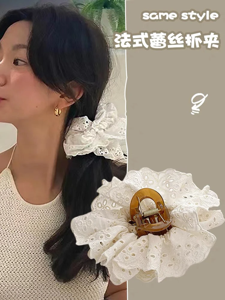 法式早春复古蕾丝大号布艺花边抓夹鲨鱼夹露露子同款气质少女轻奢