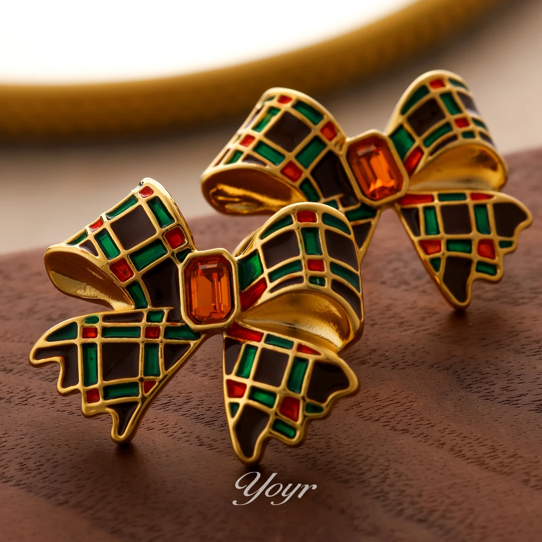 YOYR 铜合金耳饰 雅丹风彩绘蝴蝶结新年喜庆红色气质优雅小众耳钉