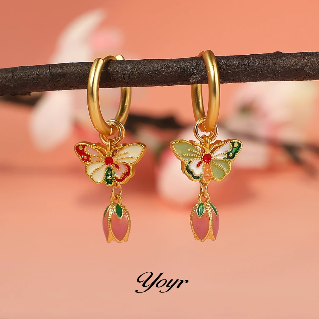 YOYR铜合金耳环 国风新中式彩色小众设计感百搭少女耳钉套装