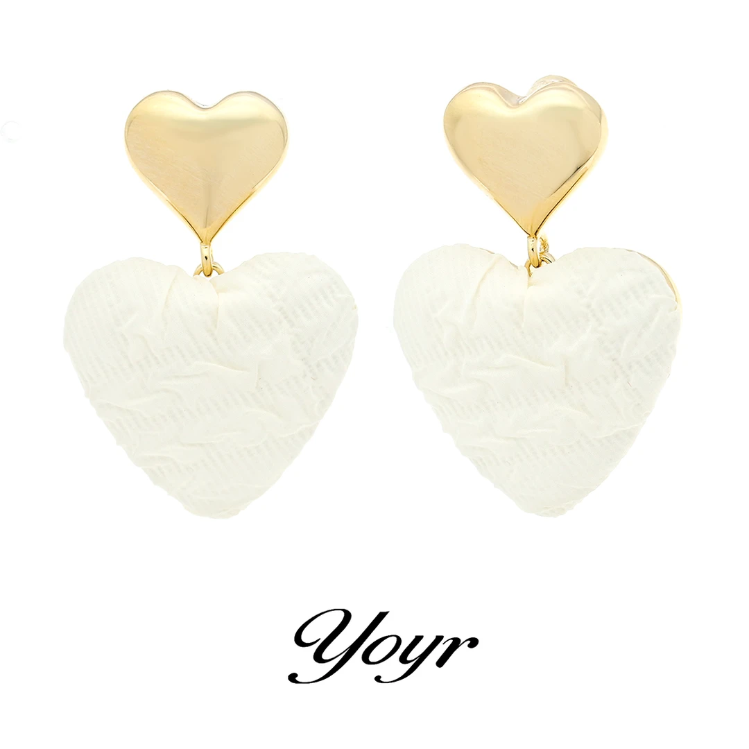 YOYR 铜合金耳饰 设计感布艺白爱心耳钉韩国进口少女感 个性耳环