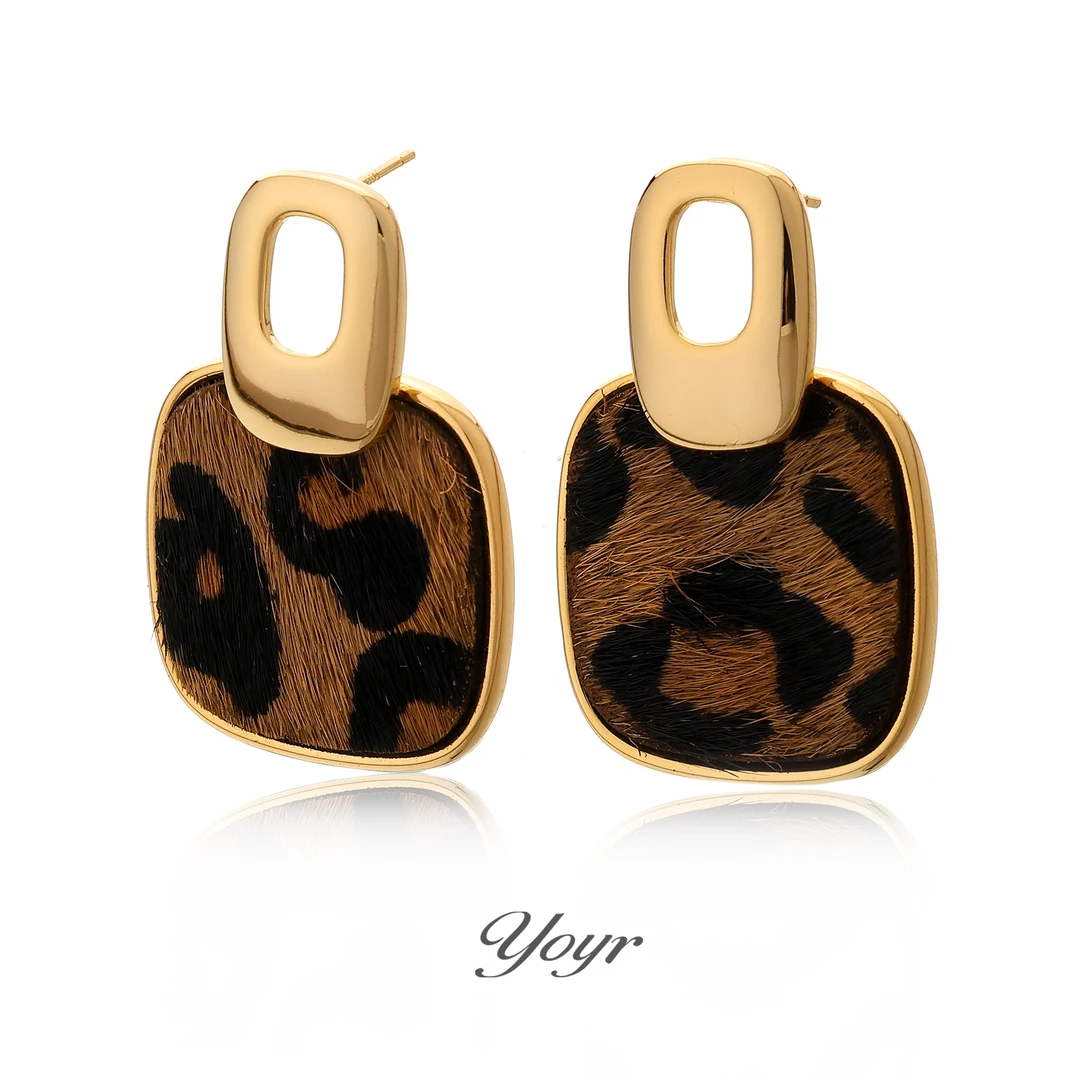 YOYR 铜合金耳饰 几何拼接豹纹耳钉秋冬气质百搭复古欧美轻奢小众