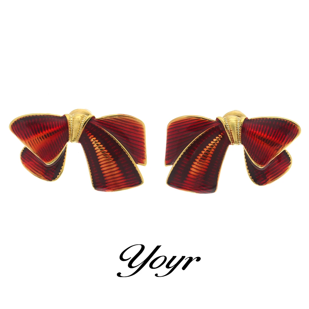 YOYR 铜合金耳饰 安可拉红精致蝴蝶结耳钉 时尚气质优雅简约耳环