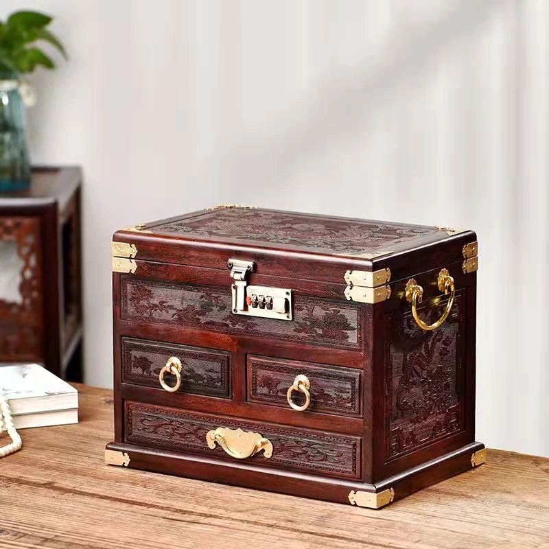 H028【巴里黄檀*凤凰飞舞】密码中式红木家具雕花化妆首饰盒